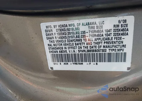 2008 Honda Odyssey Touring z USA, uszkodzony, nr VIN 5FNRL38858B097302